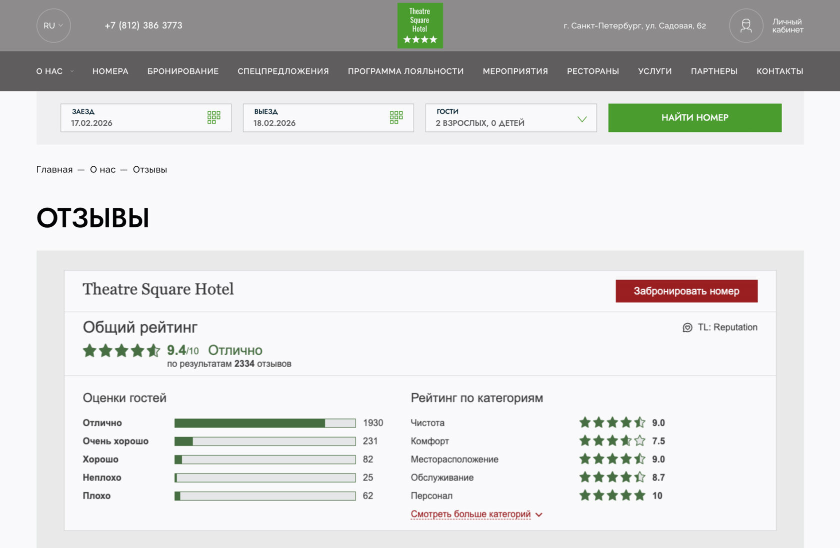 Отображение отзывов с разных площадок на сайте отеля Theatre Square Hotel