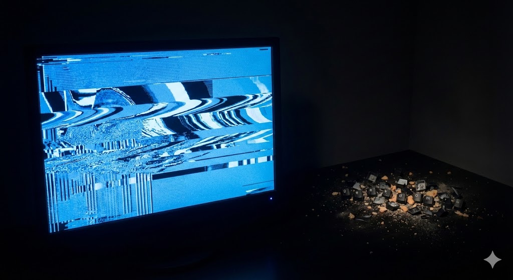 День компьютерного глюка светящийся синий экран с искажениями.