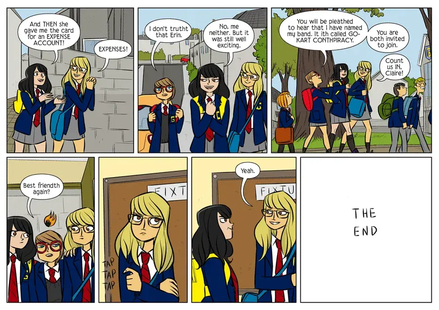 Комикс о школьницах в форме, обсуждающих свои приключения и дружбу — пример лёгкого диалога на английском языке из повседневной жизни