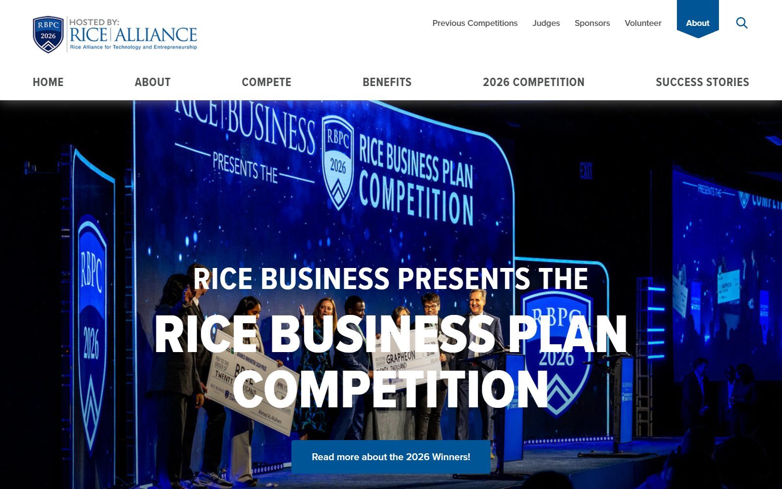 Rice Business Plan Competition homepage screenshot (October 2026)