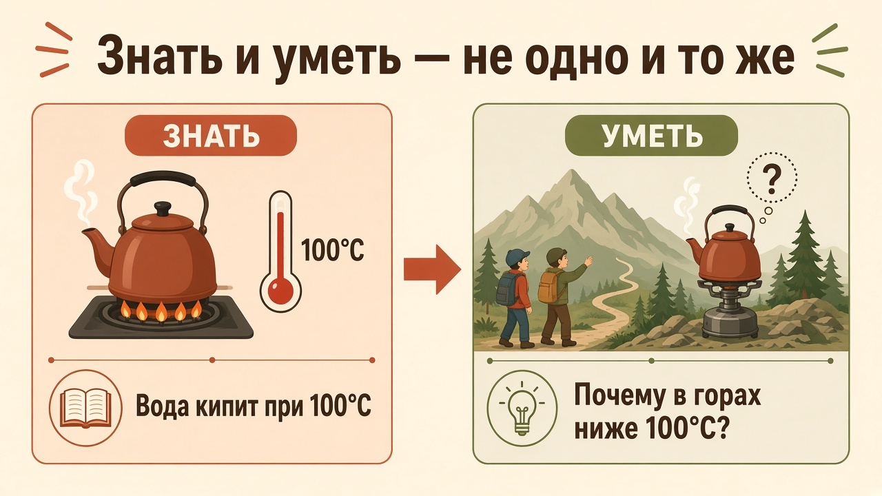 Знать факт о кипении воды и уметь объяснить, почему в горах температура ниже