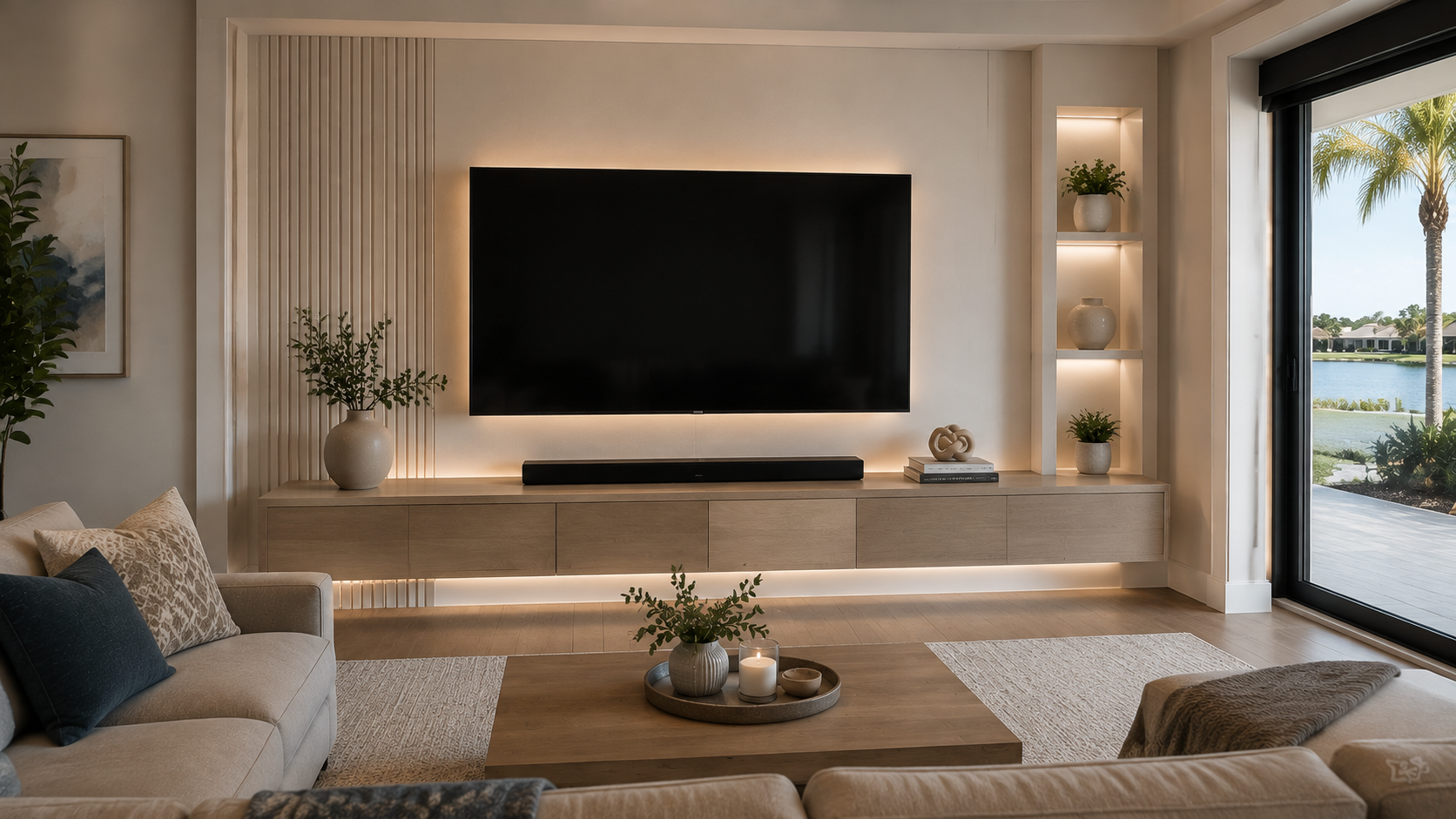 Minimalist floating TV wall with light wood cabinet, concealed wiring, soft LED lighting, and a wall-mounted television.