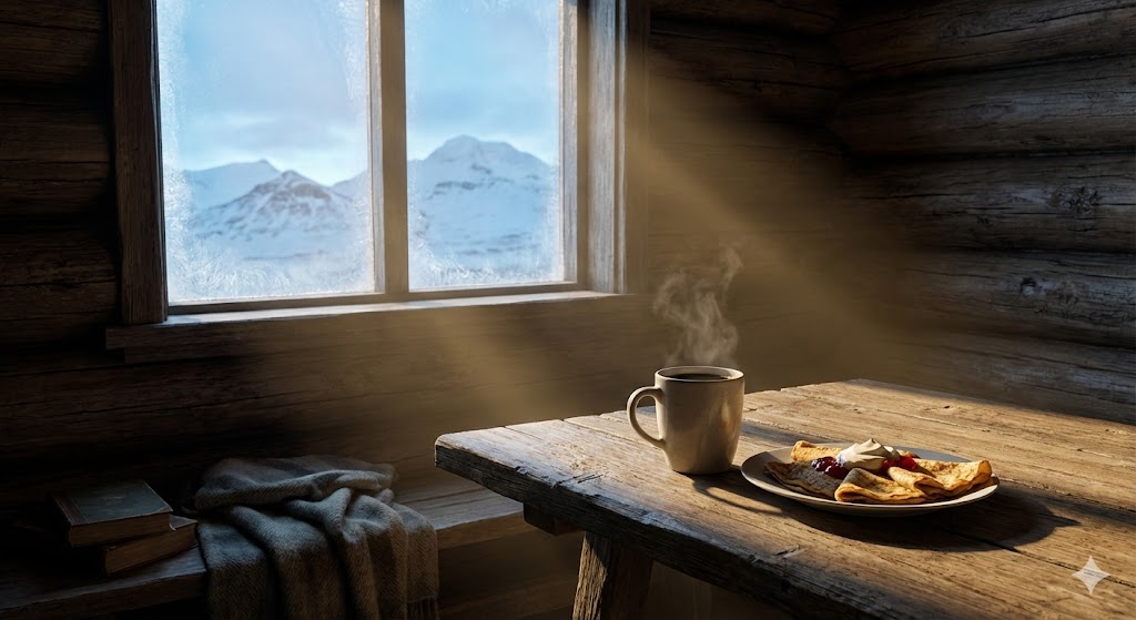 Чашка кофе и исландские блины на столе у окна на фоне заснеженных гор в День Солнечного кофе.