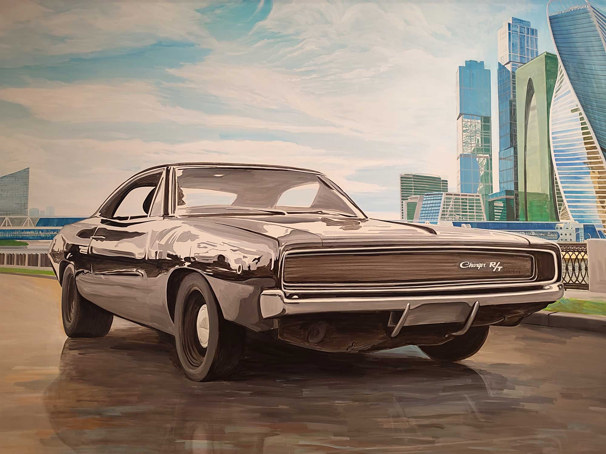 Роспись стены в детской Dodge Challenger R/T 1970 года и Москва-Сити в  детской комнате