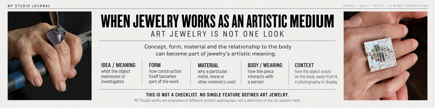NP Studio Journal infographic: When Jewelry Works as an Artistic Medium through idea, form, material, body and context