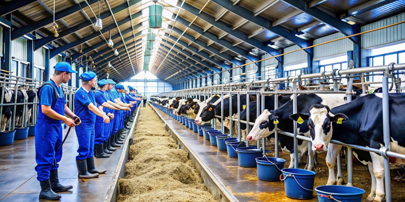 Молочная ферма с работниками и коровами
