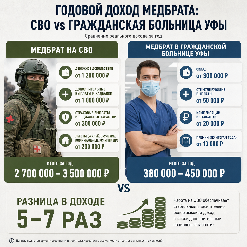 Инфографика — сравнение годового дохода медбрата на СВО и медбрата в гражданской больнице Уфы: две колонки с цифрами, наглядно показывающие разницу в 5–7 раз