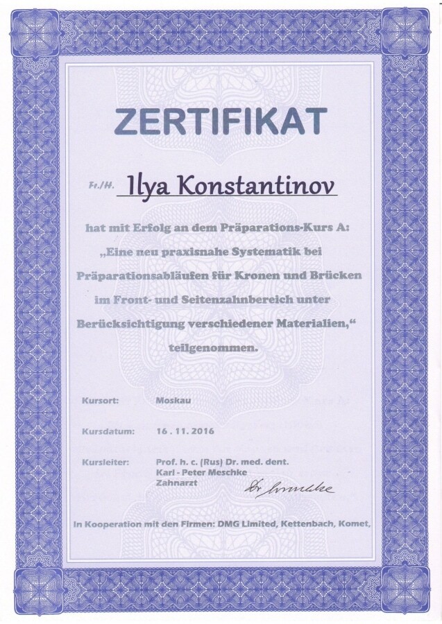 Zertifikat — Präparations-Kurs A: Eine neue praxisnahe Systematik bei Präparationsabläufen für Kronen und Brücken, Prof. Karl-Peter Meschke, 16.11.2016