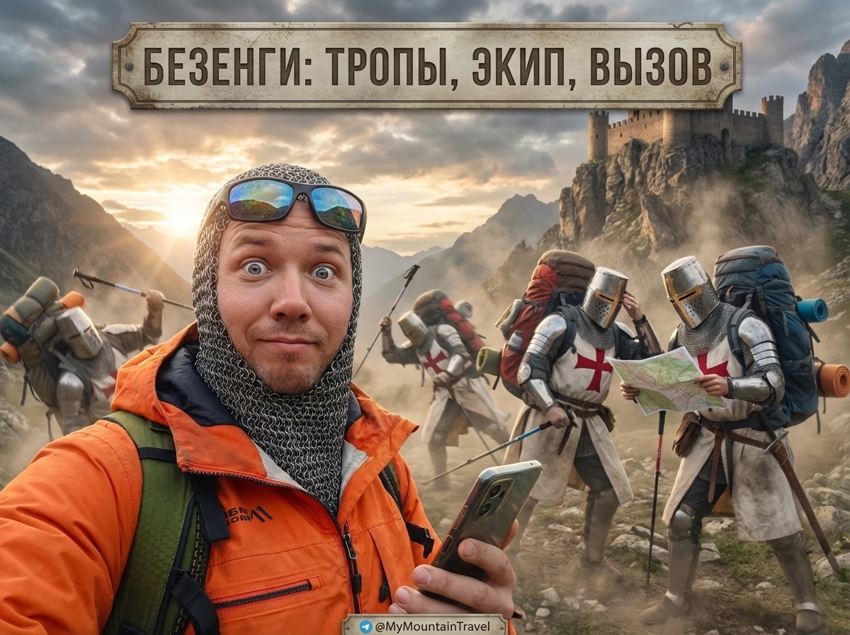 Туристы идут по тропе на фоне гор Безенги