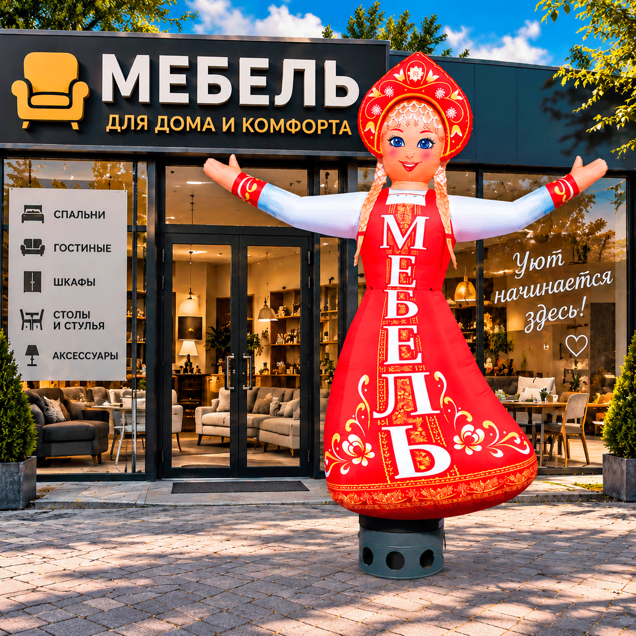 Надувная русская красавица рукомах для магазина мебели