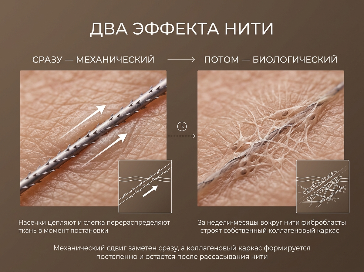 Два эффекта нитевого лифтинга: механический и биологический - наглядная макросхема