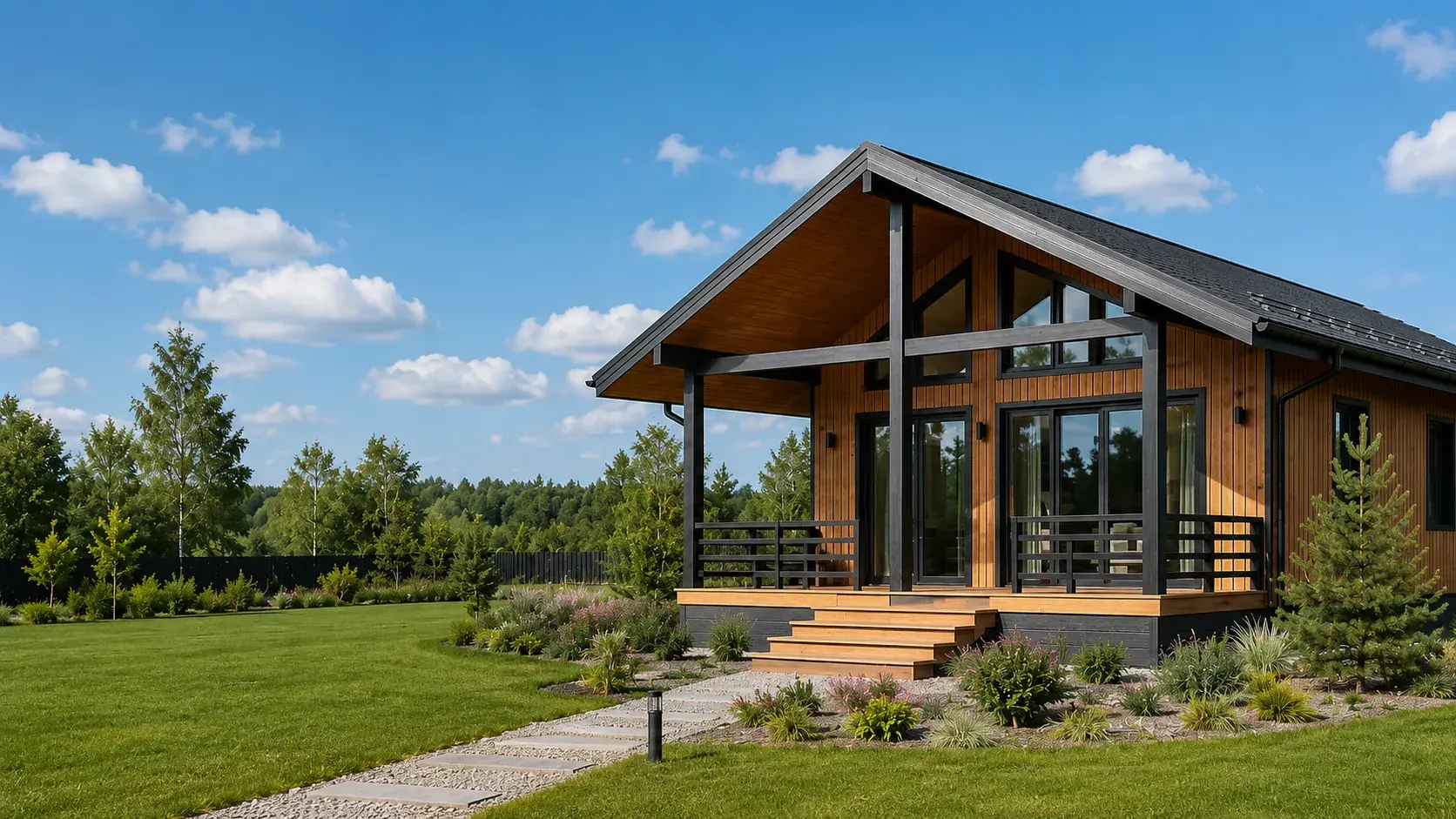 Современный одноэтажный каркасный дом 105 м² в скандинавском стиле с террасой и панорамными окнами — проект STRUKTURA