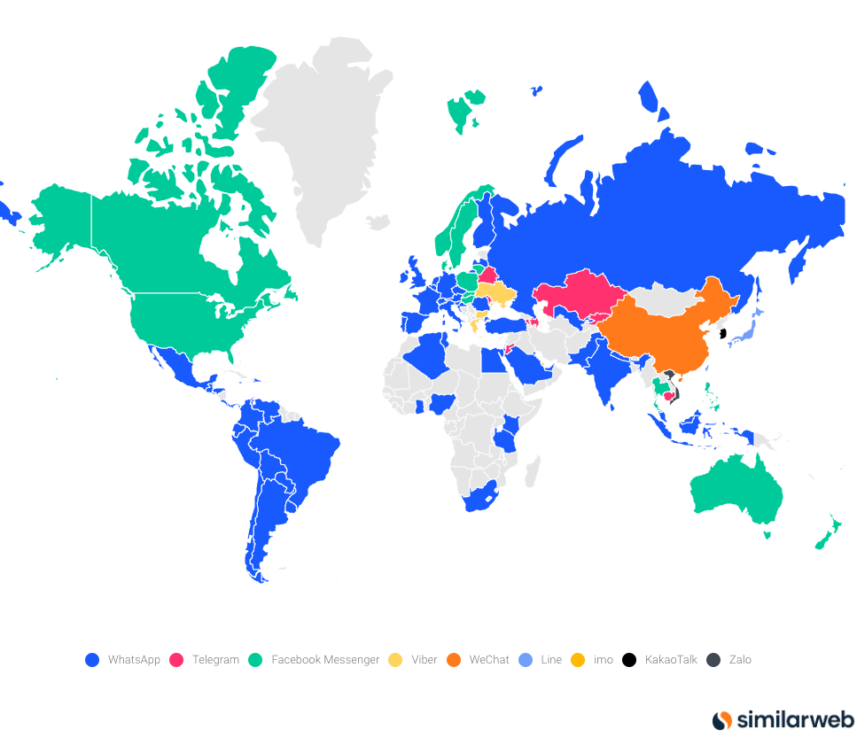 WhatsApp занимает первое место среди мессенджеров в большинстве стран мира