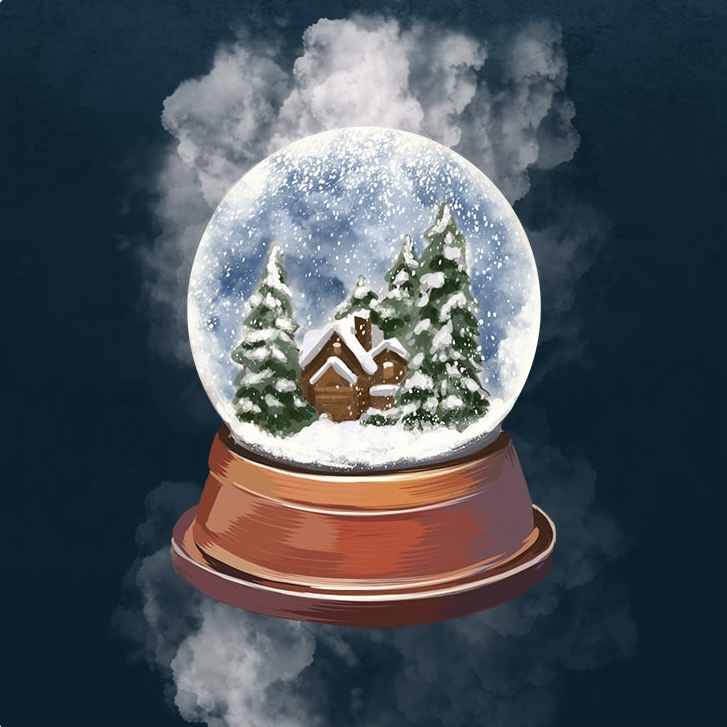 Eine Hinweiskarte mit einer Schneekugel