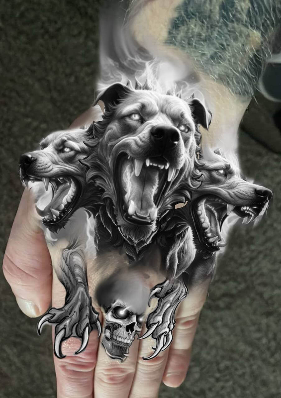 Detailed three-headed hellhound tattoo project, realistic Cerberus tattoo sketch for men's hand with glowing eyes and sharp claws. Los Angeles.