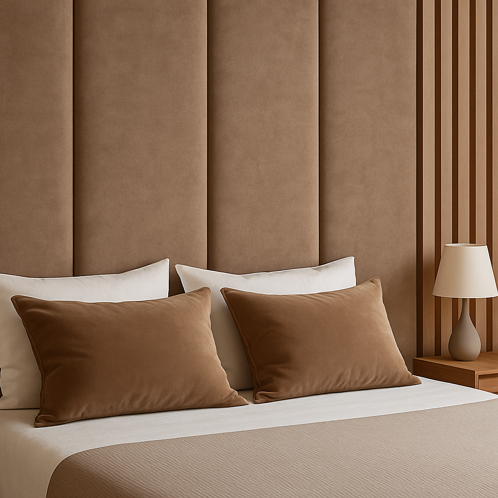 Мягкие стеновые панели, обтянутые тканью, демонстрируют пример правильного подбора материала для панелей: велюр в тёплых оттенках и сочетание с деревянными элементами интерьера.