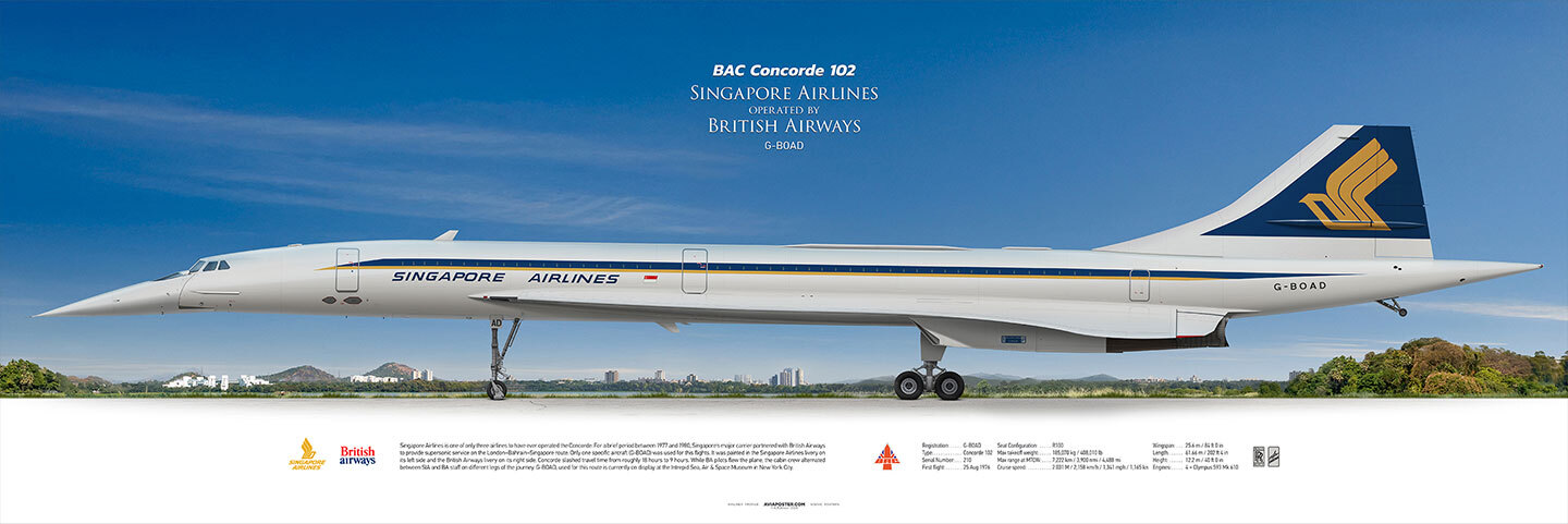 Supersonic Concorde, Singapore Airlines aircraft on a landscape background