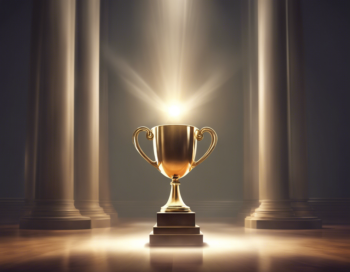 трофей на пьедестале с направленным на него прожектором, символизирующий бизнес-успех