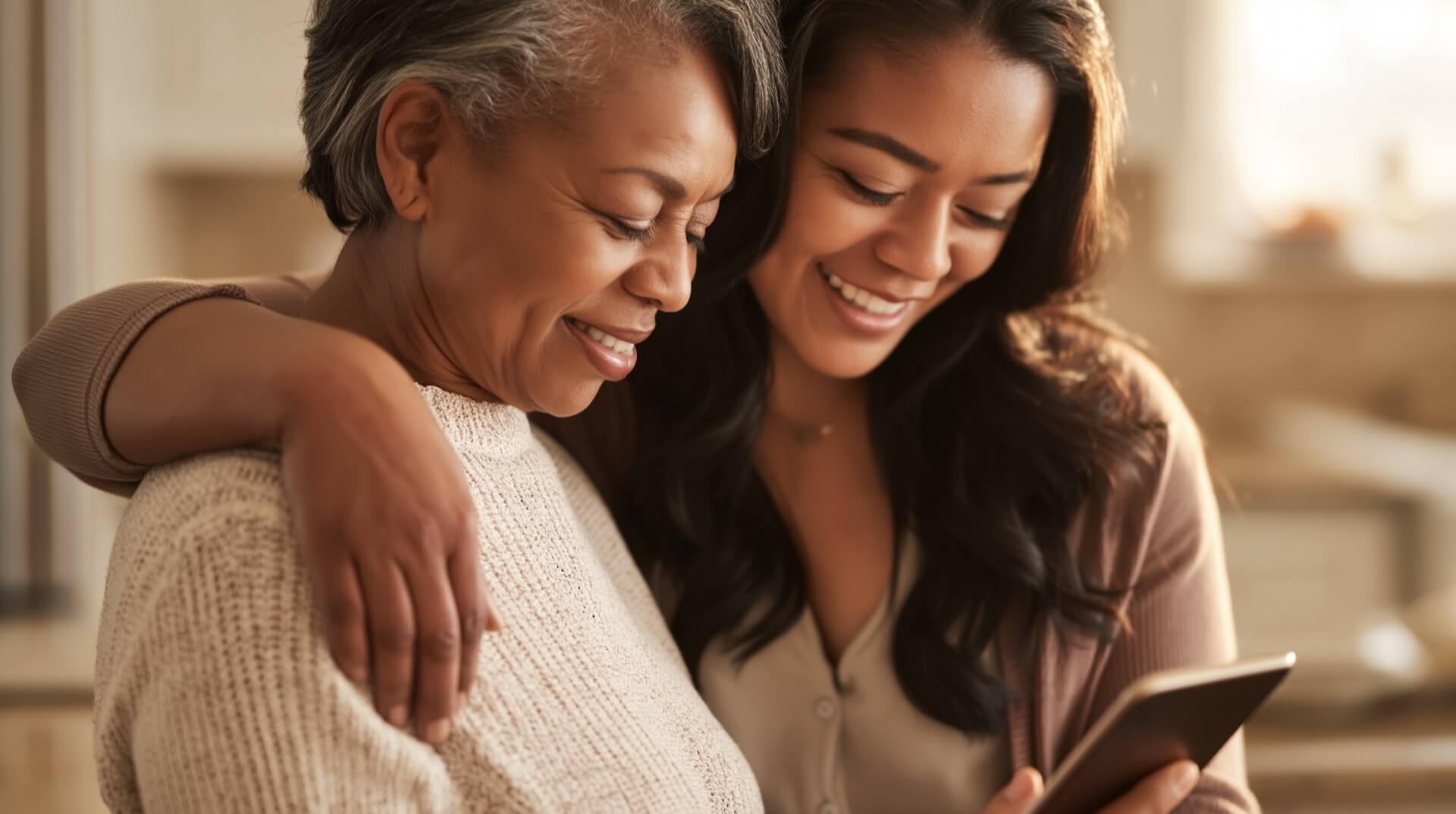 A daughter hugging her mother while listening to a personalized birthday song for mom from daughter