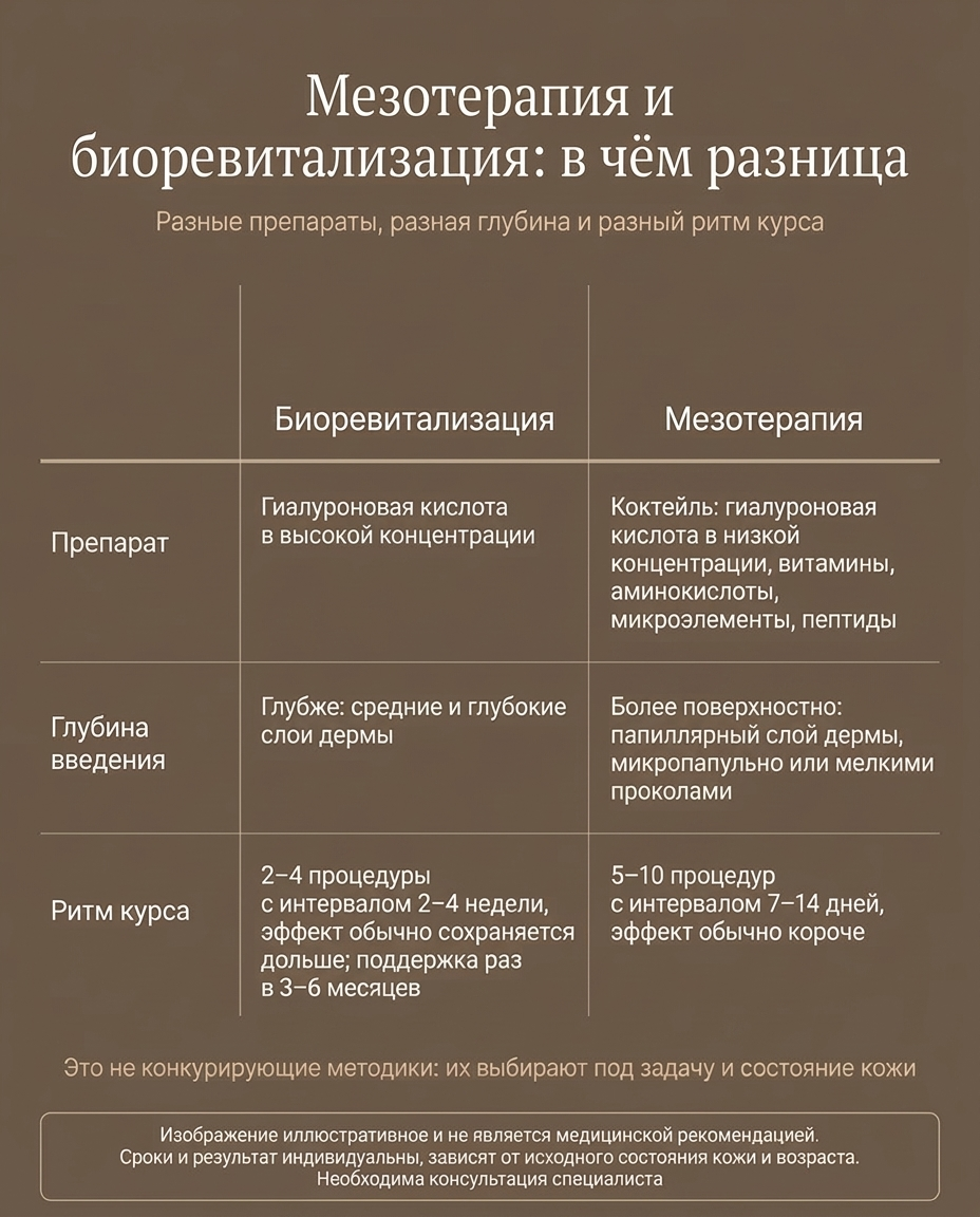 Сравнение биоревитализации и мезотерапии: разница в препарате и глубине введения