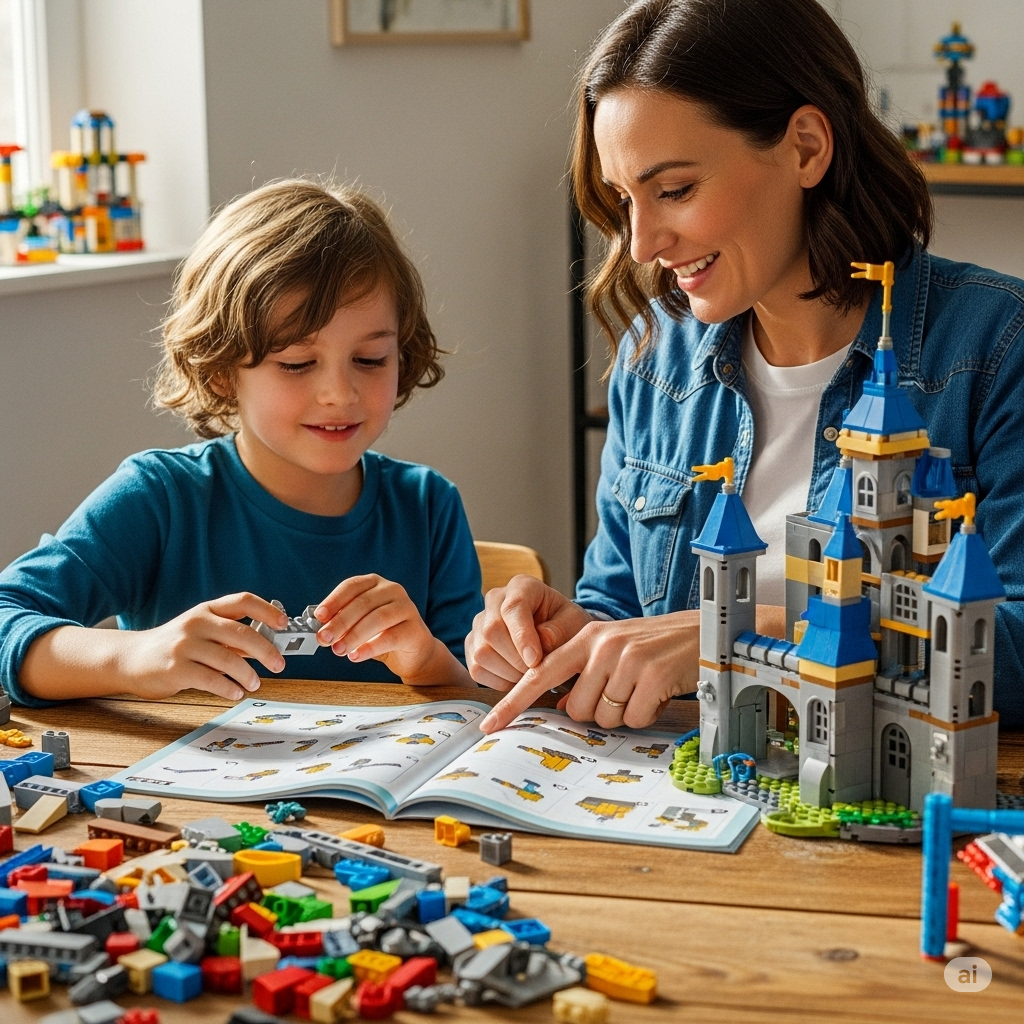 Отец и сын собирают сложный конструктор-аналог, купленный оптом в Китае.