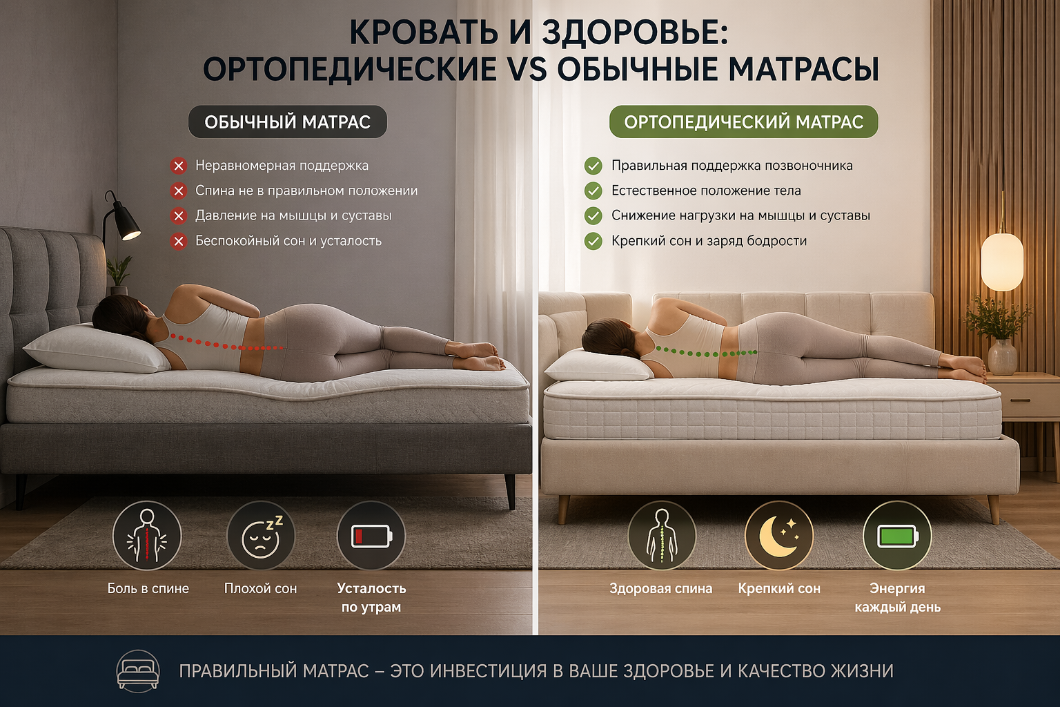 ортопедический матрас в интерьере спальни с кроватью