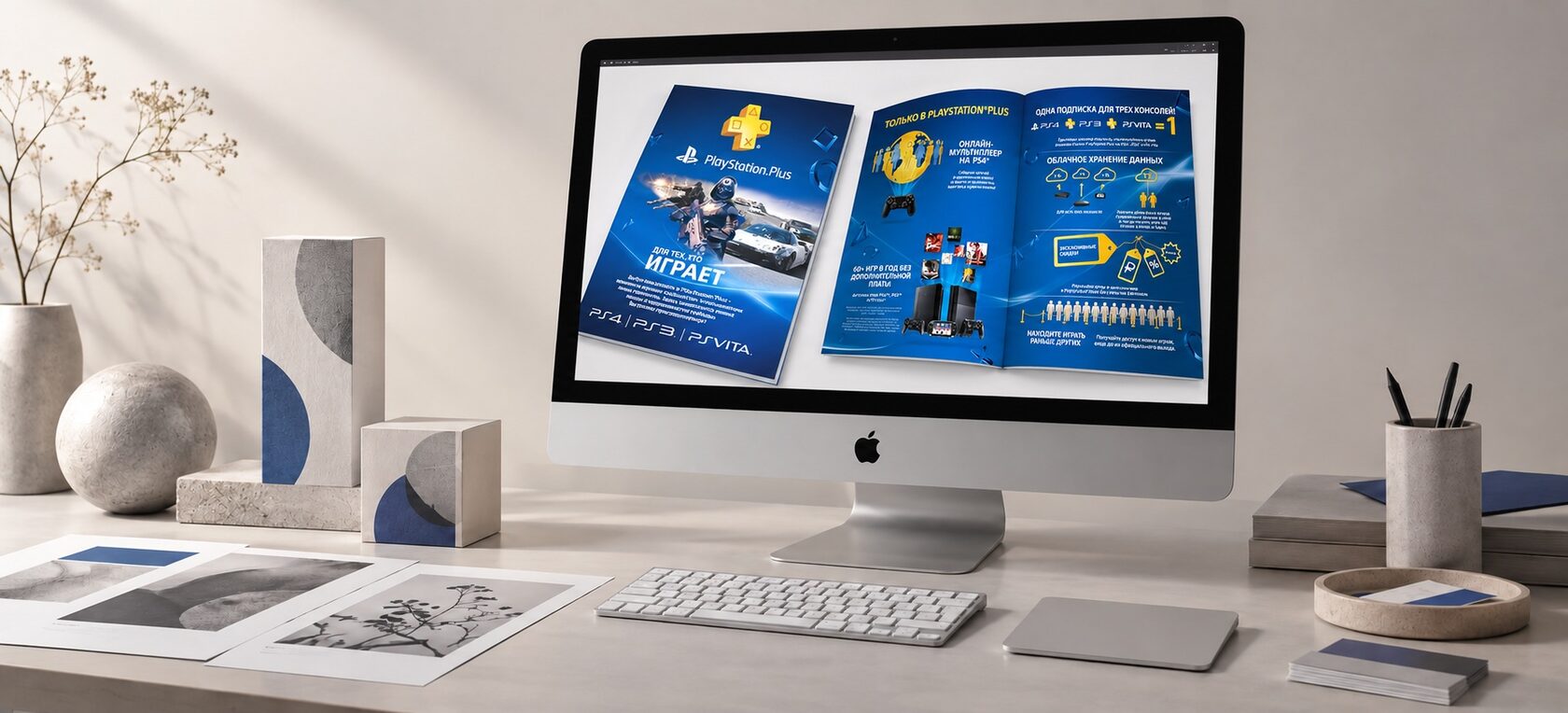 Sony PlayStation Plus brochure design displayed on an Apple iMac