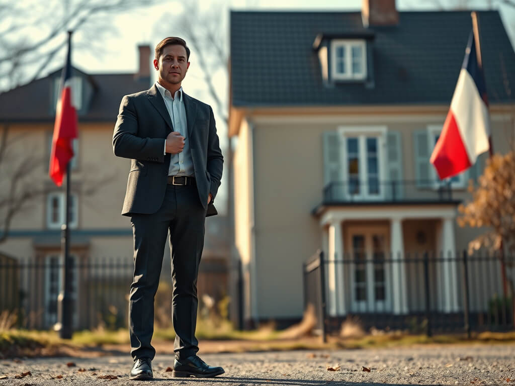 символическая сцена, передающая суть нового закона: владелец дома с ключами в руках уверенно стоит перед своим восстановленным жилищем, в то время как тень незаконного жильца исчезает позади. На фоне — французский флаг и здание суда, подчеркивающее силу з