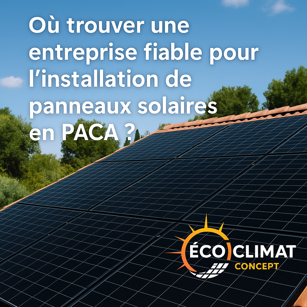 Installation de panneaux solaires noirs sur un toit de maison en région PACA, sous un ciel bleu. Le logo officiel d’ÉCO CLIMAT CONCEPT est visible en bas à droite, représentant une entreprise spécialisée dans les solutions photovoltaïques durables.