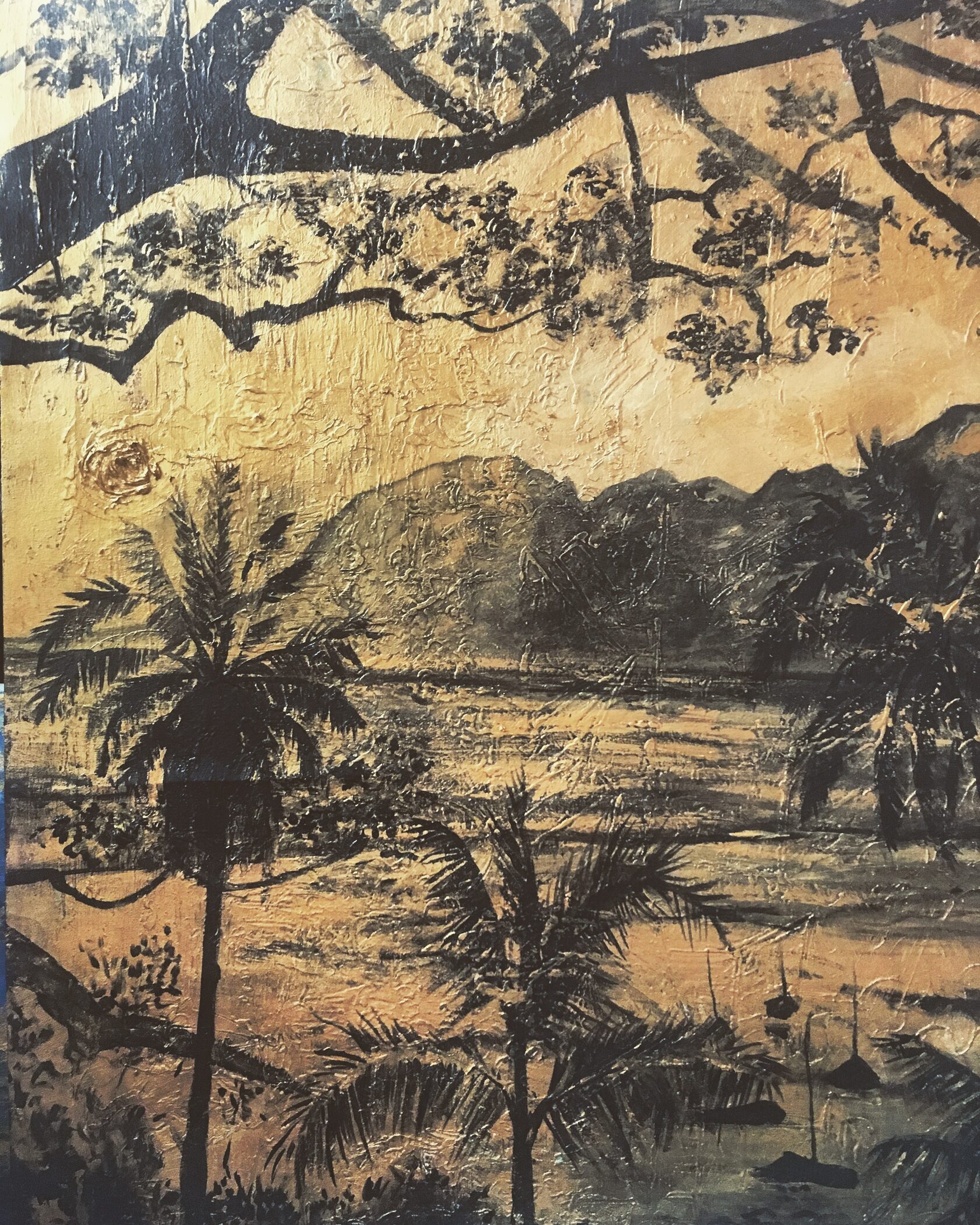 Mountain landscape with palm trees, antique gold ground, Payne's Grey monochrome — oil and gold leaf on linen