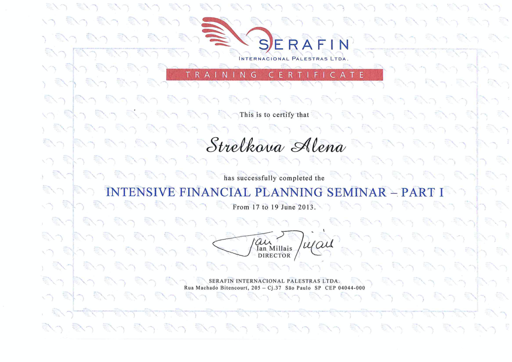 Certificate Alena Planning Финансовое планирование SERAFIN 2