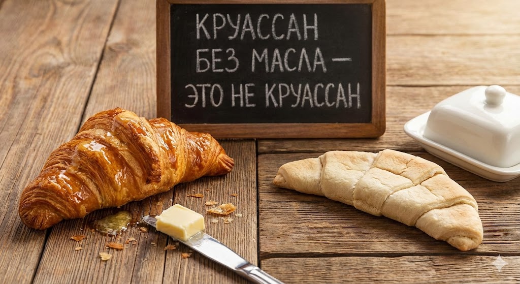 Разрез идеального круассана с пористой структурой и слоистым мякишем.